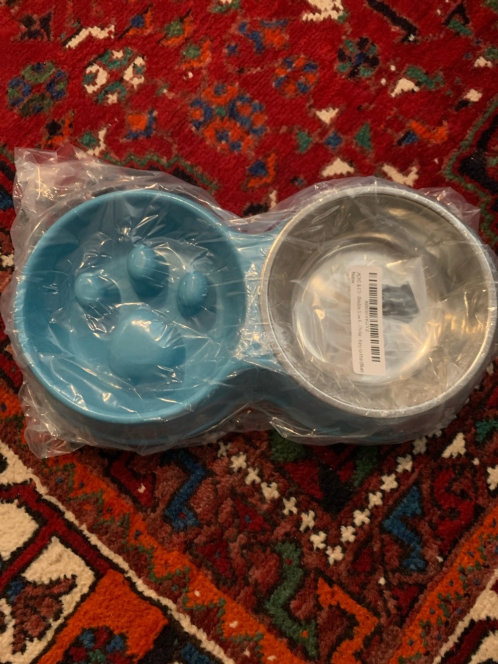 NWT Blue Double Pet Bowl with Slow-Feed Paw Insert
